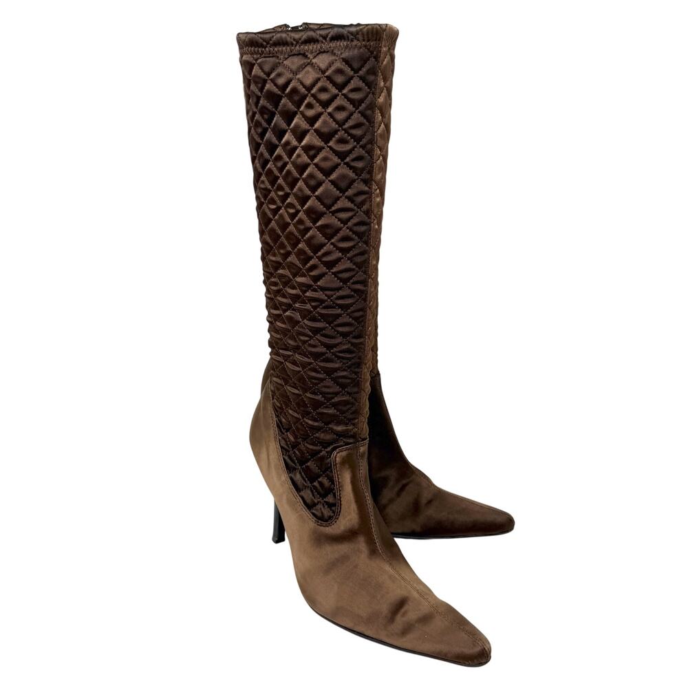 Vintage Y2K Bakers Brown Quilted Satin Stiletto Tall Boots Size 10 Pointy Toe